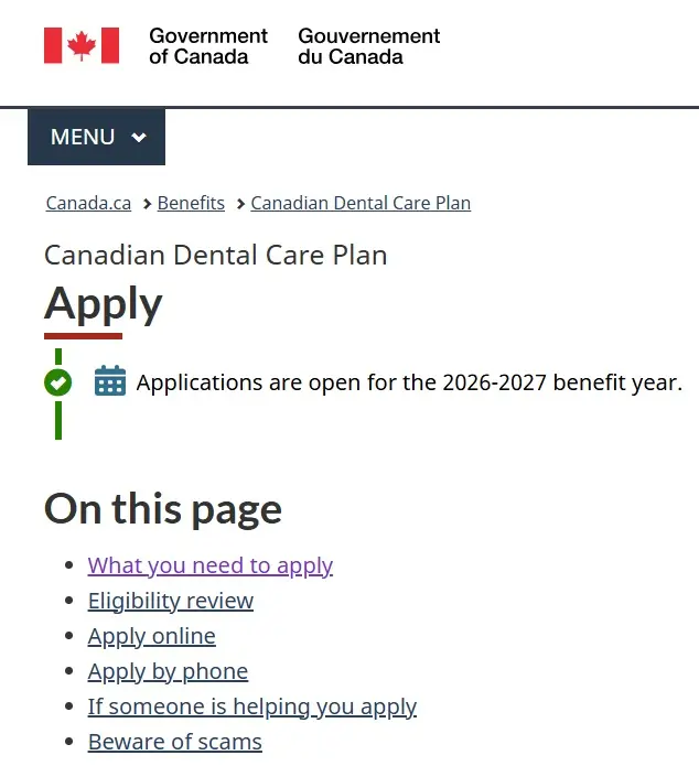 A step-by-step screen capture showing how to apply online for the Canadian Dental Care Plan through the official Service Canada portal.