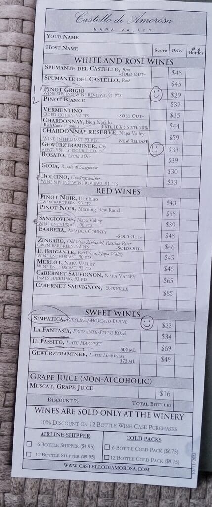Castello di amorosa wine price list