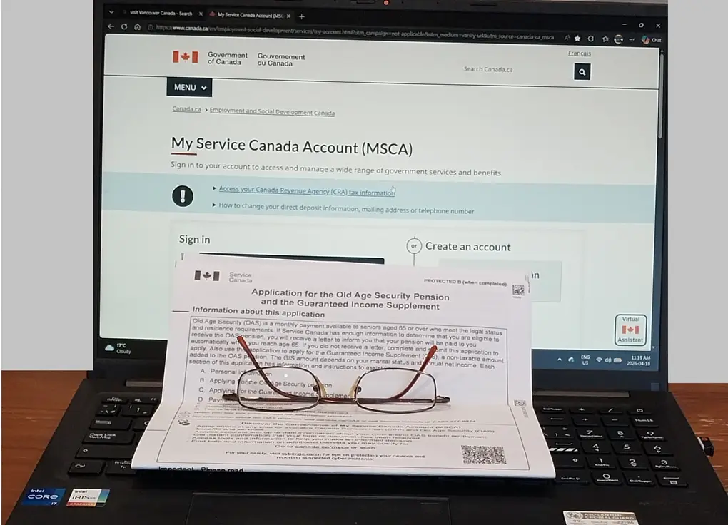 A desktop computer screen showing the login page of My Service Canada Account (MSCA) to start the process of How to Apply for OAS Online in Canada