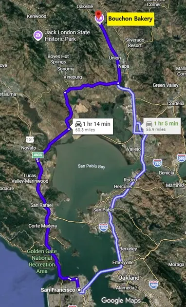 Google Maps screenshot showing the driving route from San Francisco to Bouchon Bakery in Yountville for a Napa Valley day trip