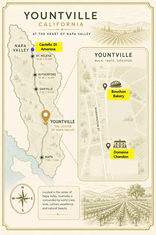 Infographic map highlighting the locations of Bouchon Bakery, Castello di Amorosa, and Domaine Chandon for a San Francisco to Napa Valley day trip