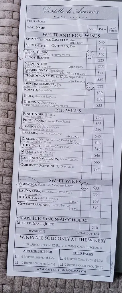 Wine order sheet indicating varieties and tasting prices at Castello di Amorosa winery for a San Francisco to Napa Valley day trip