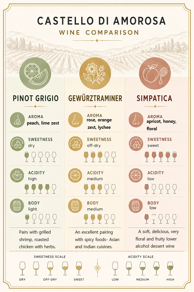 Wine comparison infographic evaluating aroma, sweetness, and acidity of three wines for a San Francisco to Napa Valley day trip