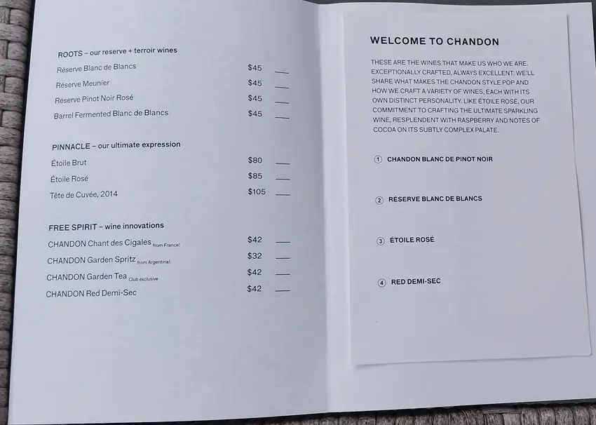 Sparkling wine tasting leaflet displaying recommended flights and menu prices at Domaine Chandon for a San Francisco to Napa Valley day trip