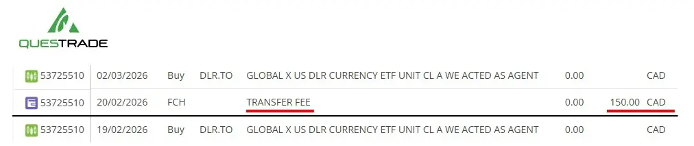 A transaction history screenshot from a Questrade account showing a +$150.00 transfer fee rebate credited back to the client after a transfer RRSP from RBC to Questrade.