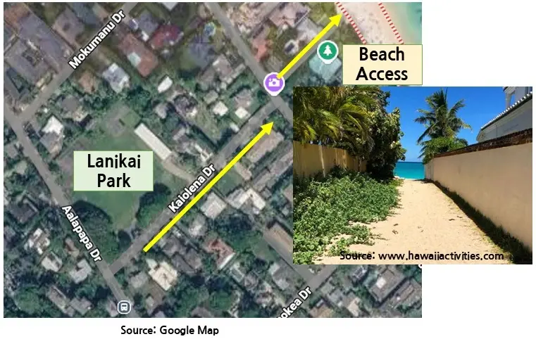 The walking path and beach access lane leading from Lanikai Park to the shore, a must-know among Lanikai Beach tips