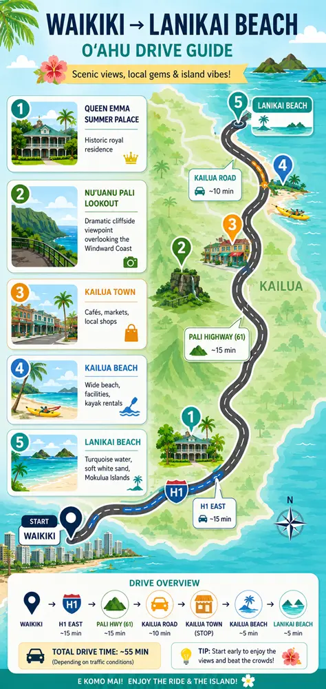 The best driving route from Waikiki to Lanikai Beach tips on recommended scenic stops along the way