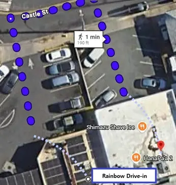 Google Maps walking directions from Rainbow Drive-In to Shimazu Shave Ice for a post-diamond head hike dessert