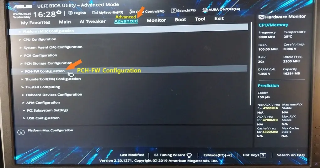 Step 2-1: Selecting the Advanced tab and clicking PCH-FW Configuration in the BIOS Advanced Mode screen