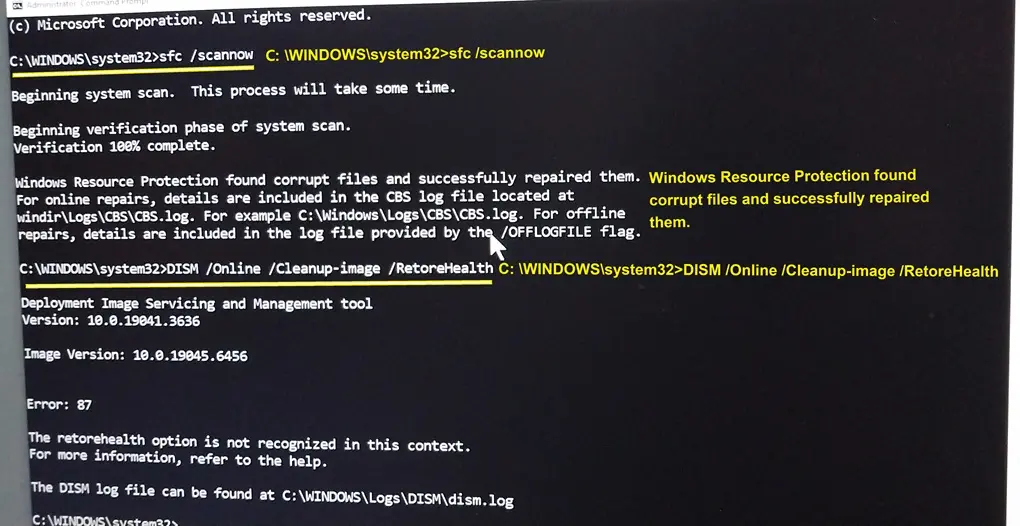 윈도우 11 업그레이드 오류 해결을 위해 명령 프롬프트(CMD) 창에서 sfc 스캔 및 DISM RestoreHealth 복구 명령어를 입력한 화면