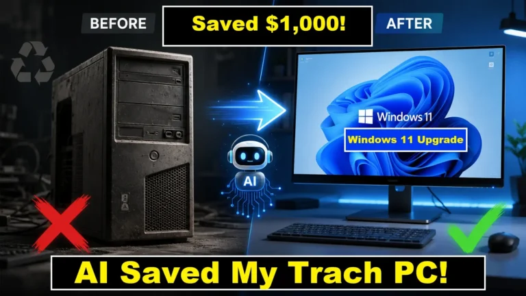 Windows 11 upgrade comparison showing an old discarded desktop chassis on the left and a brightly lit modern monitor on the right
