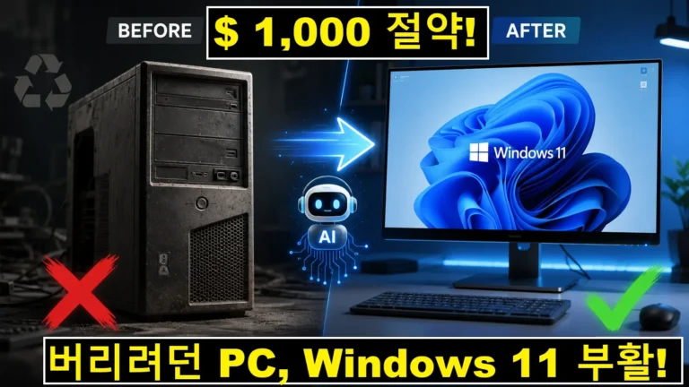 구형 컴퓨터 본체에서 푸른색 화면의 윈도우 11 시스템으로 업그레이드 완료된 모니터 화면 비교
