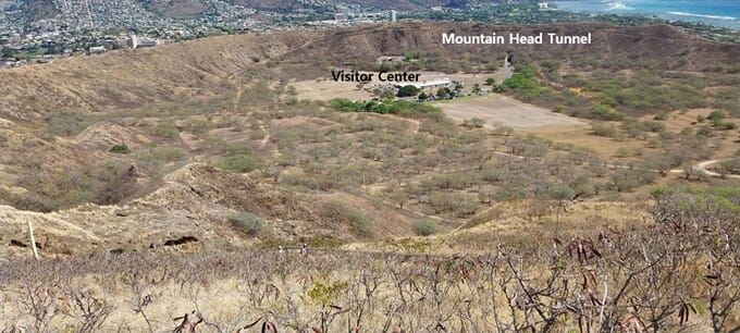 The view looking down from the top of the Mountain Head volcanic crater