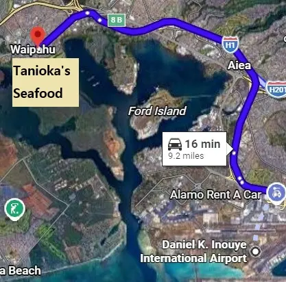 Google Maps screenshot showing the driving route from the airport to Tanioka's Seafood & Catering on an Oahu Hawaii first day itinerary