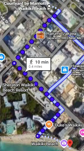 Google Maps walking directions from the Marriott hotel to Waikiki Beach, an essential route for an Oahu Hawaii first day itinerary