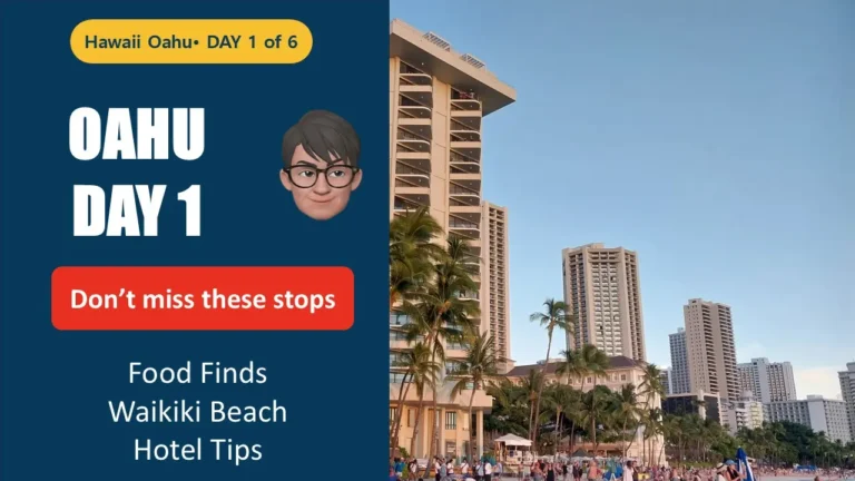 Oahu Hawaii Day 1 itinerary featuring airport arrival local poke spots Waikiki hotel stay and beach sunset