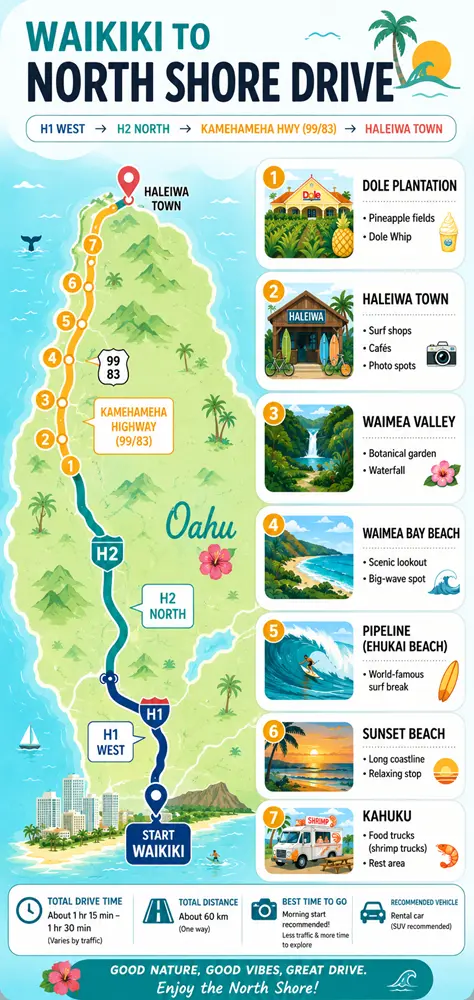 Infographic map detailing the scenic drive route and major stops for a perfect Oahu North Shore day trip