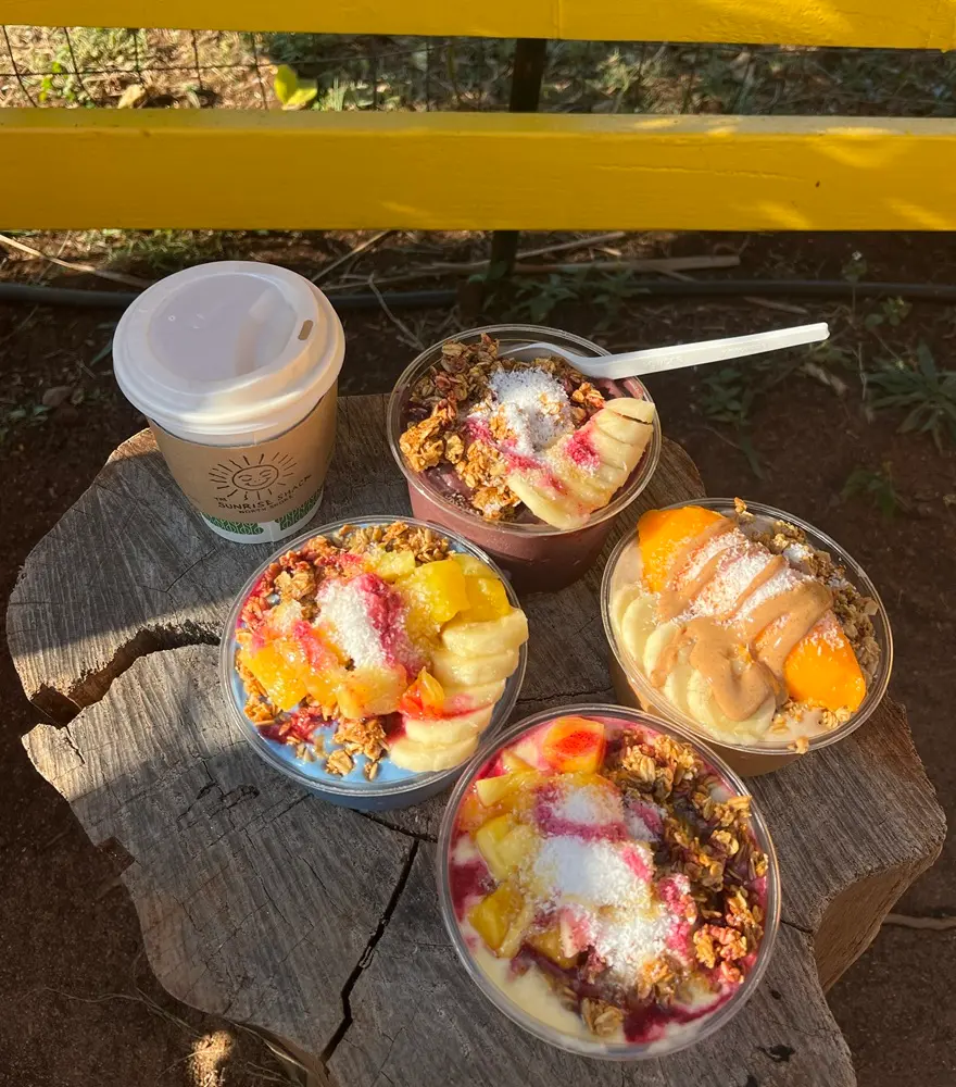 During Oahu north shore day trip, we ordered Sunrise Shack's popular signature dishes for breakfast: the Blue Dream Bowl, Acai Bowl, Monkey Bowl, and Paradise Punch Bowl.
