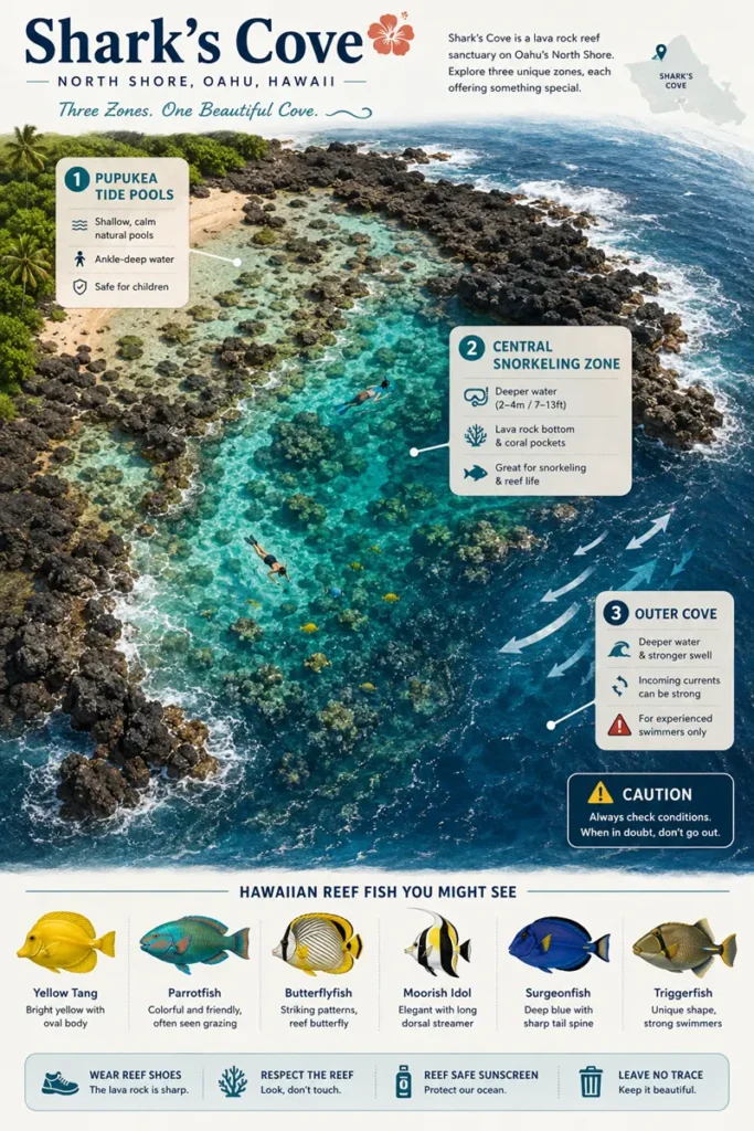 Infographic illustrating the unique underwater topography of Sharks Cove for hawaii oahu day3 snorkeling safety